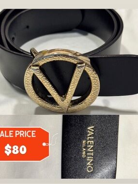 Valentino Black Leather Belt with Textured Gold V Buckle